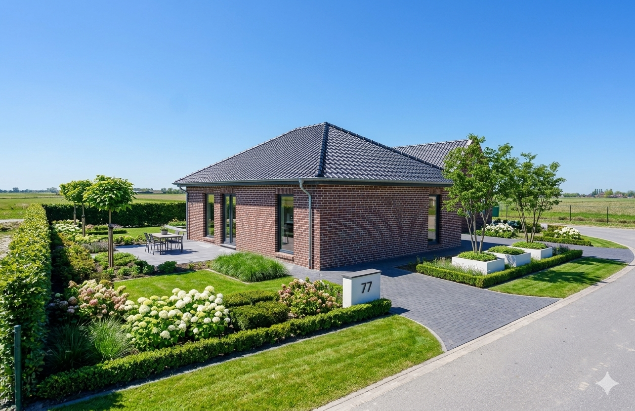 Voorzijde met oprit en laadpaal